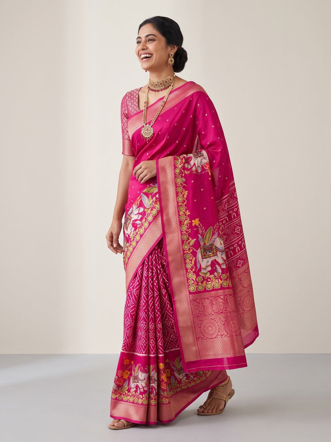 Elegant Pink Elephant & Floral Printed Georgette Saree Accented With Gleaming Weaving Zari Border - Image 4