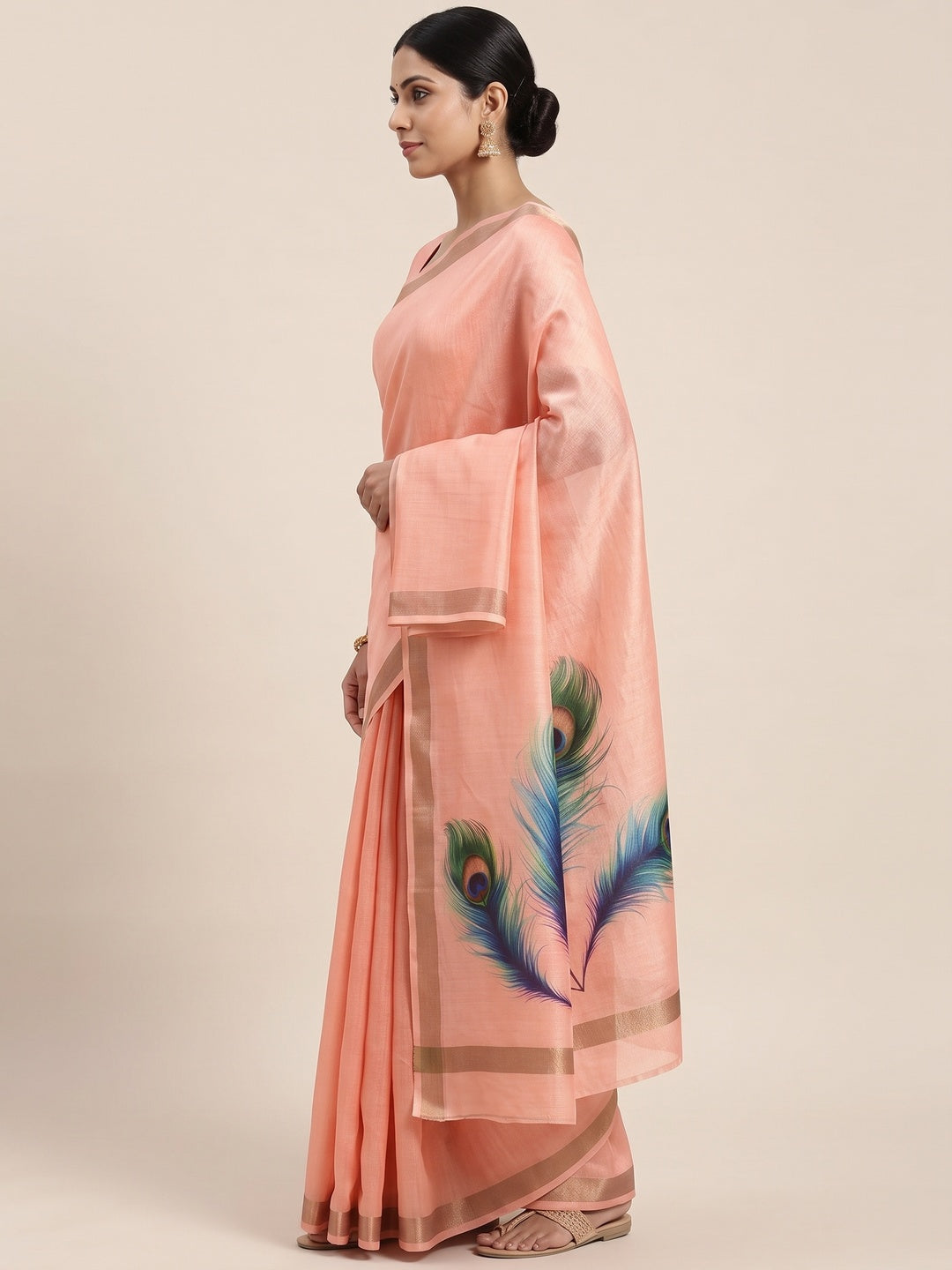 Charming Peach Soft Tussar Cotton Silk Saree With Peacock Feathers Print - Image 3