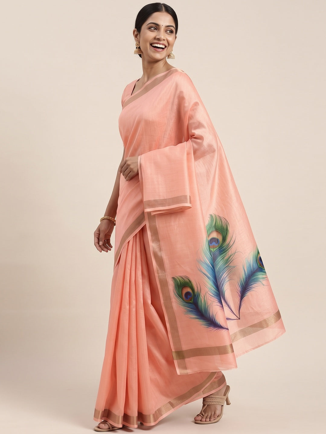 Charming Peach Soft Tussar Cotton Silk Saree With Peacock Feathers Print - Image 4