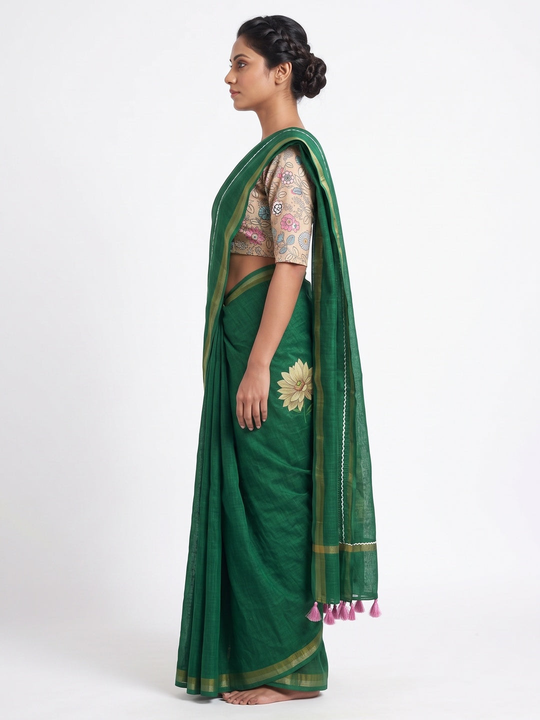 Elegant Green Floral Digital Printed Linen Cotton Saree With Woven Border & Tassel Pallu - Image 3