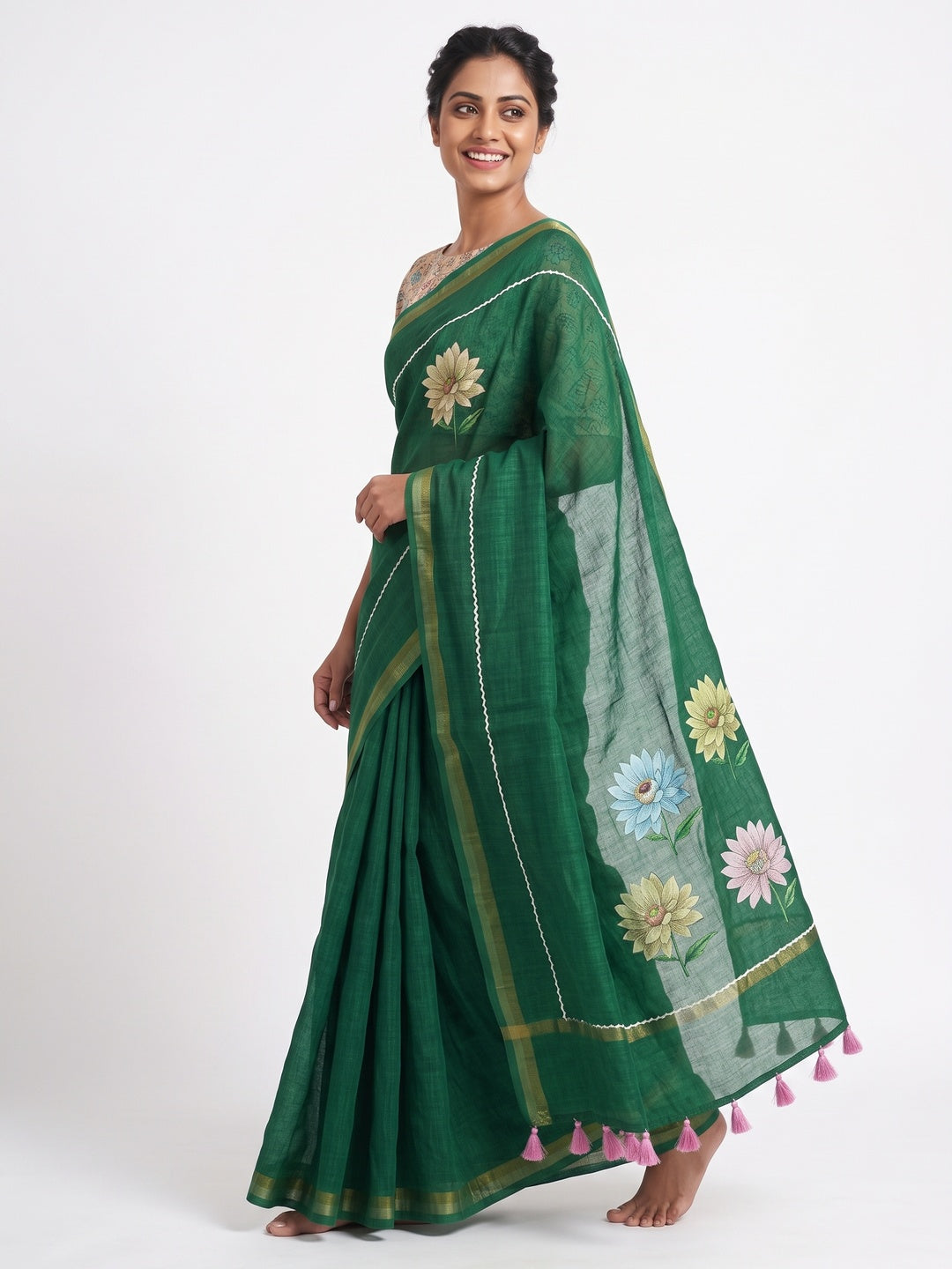 Elegant Green Floral Digital Printed Linen Cotton Saree With Woven Border & Tassel Pallu - Image 4