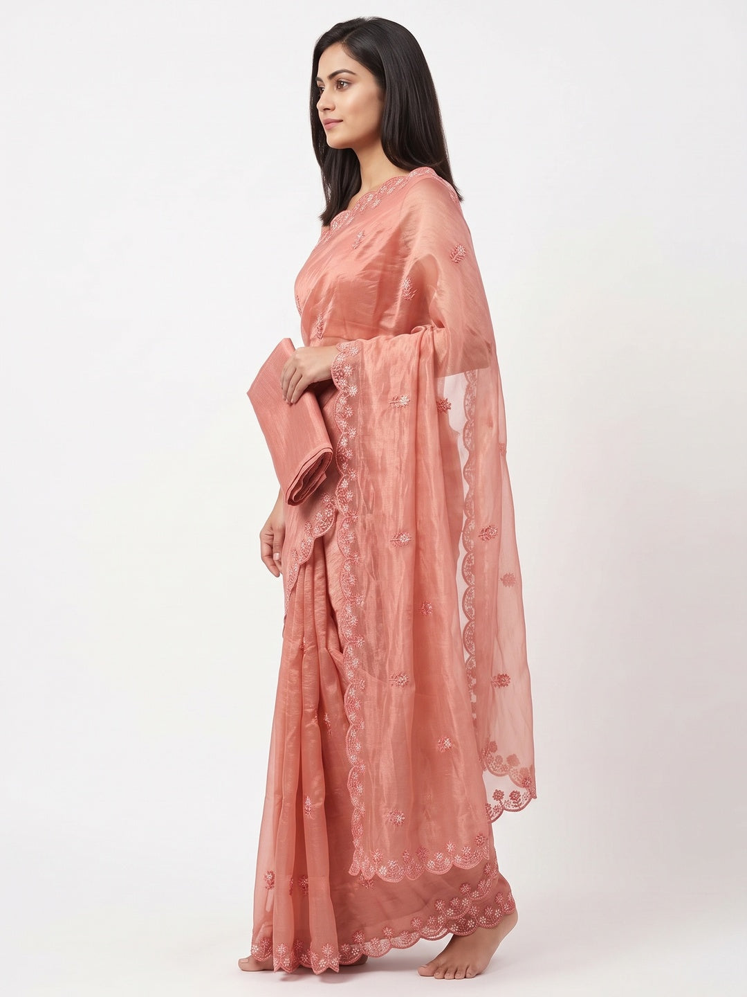 Peach Net Partywear Saree Featuring Fine Floral Embroidery and a Soft, Flowing Look - Image 3