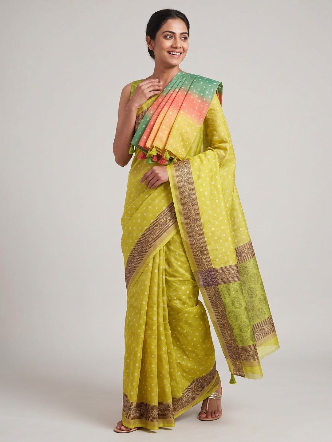 Multicolor Bandhani Print Saree in Elegant Maheshwari Cotton Silk - Image 4
