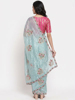 Stunning Blue Floral Embroidery & Swarovski Adorned Paper Silk Saree with Cutwork Border - Image 2