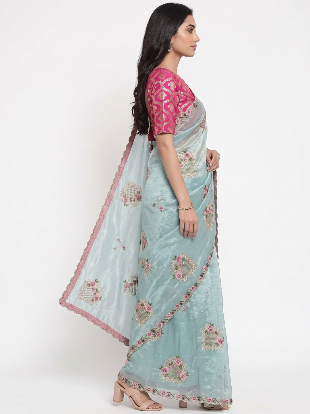 Stunning Blue Floral Embroidery & Swarovski Adorned Paper Silk Saree with Cutwork Border - Image 3