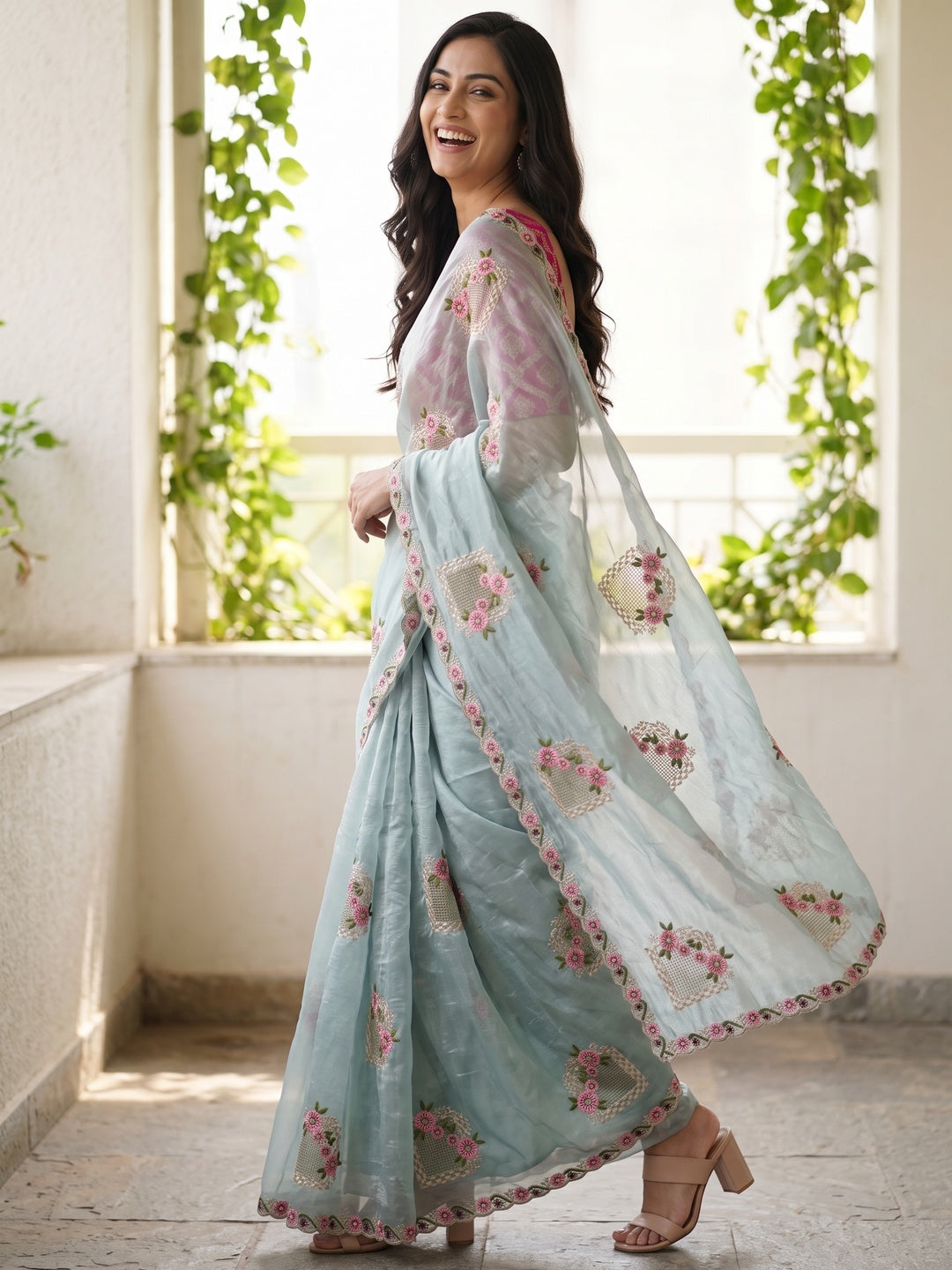 Stunning Blue Floral Embroidery & Swarovski Adorned Paper Silk Saree with Cutwork Border - Image 4