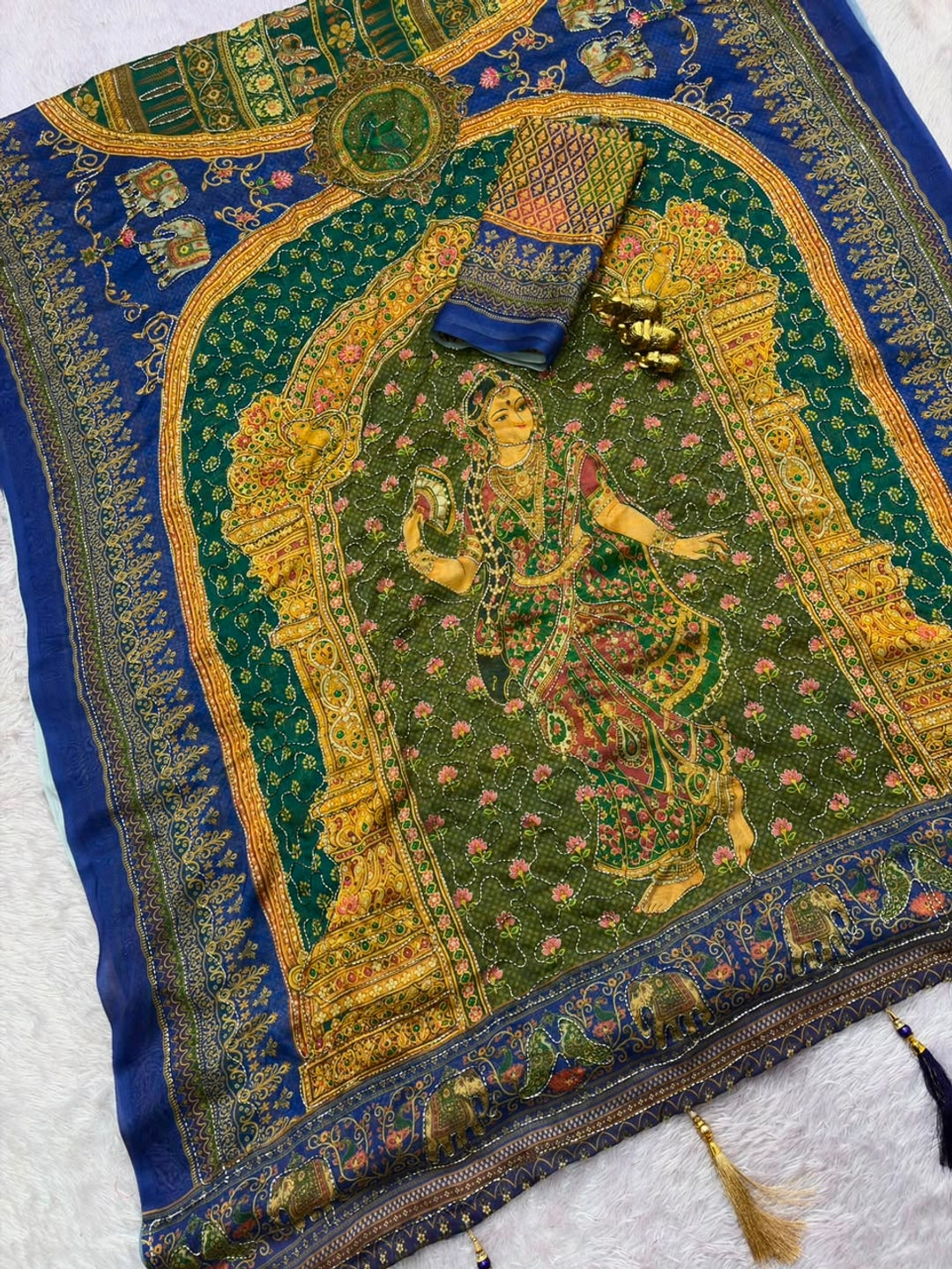 Peachmode Blue Rashmika Rangoli Silk Saree With Bead Work - Image 2