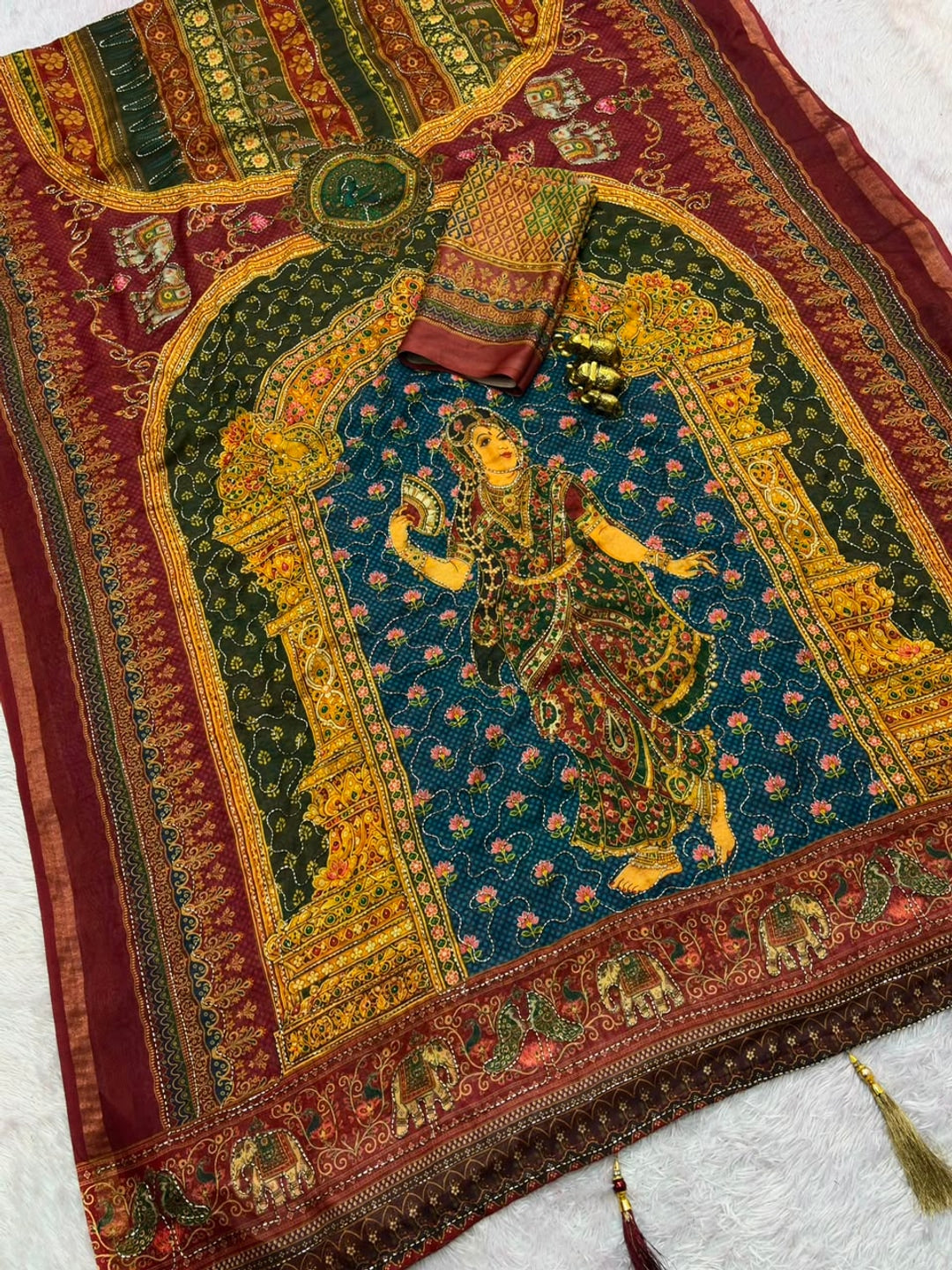 Peachmode Maroon Rashmika Rangoli Silk Saree With Bead Work - Image 2
