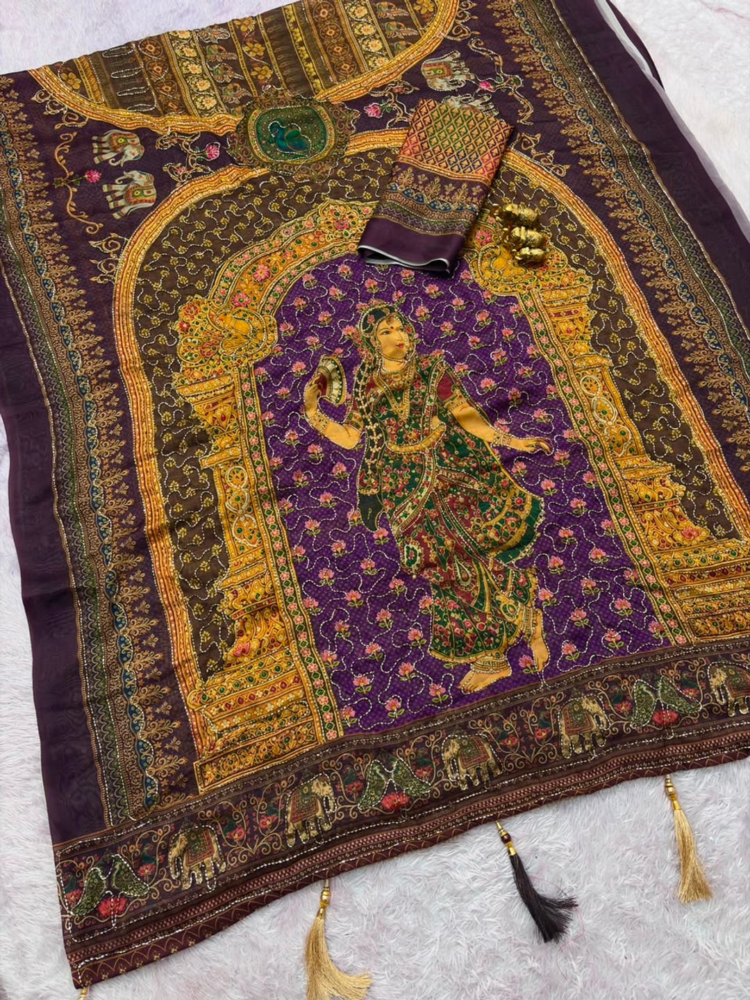Peachmode Purple Rashmika Rangoli Silk Saree With Bead Work - Image 2