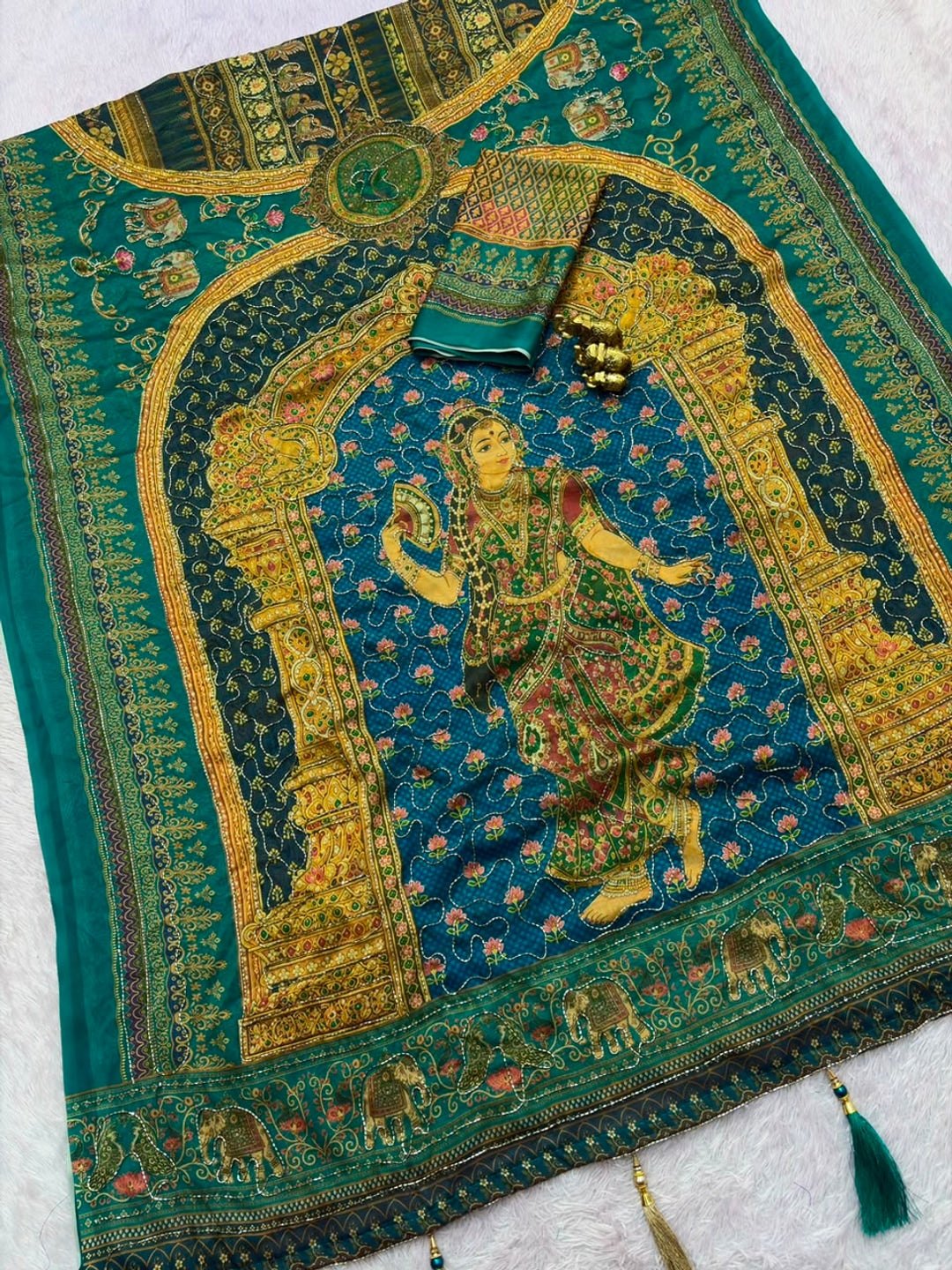 Peachmode Rama Green Rashmika Rangoli Silk Saree With Bead Work - Image 2
