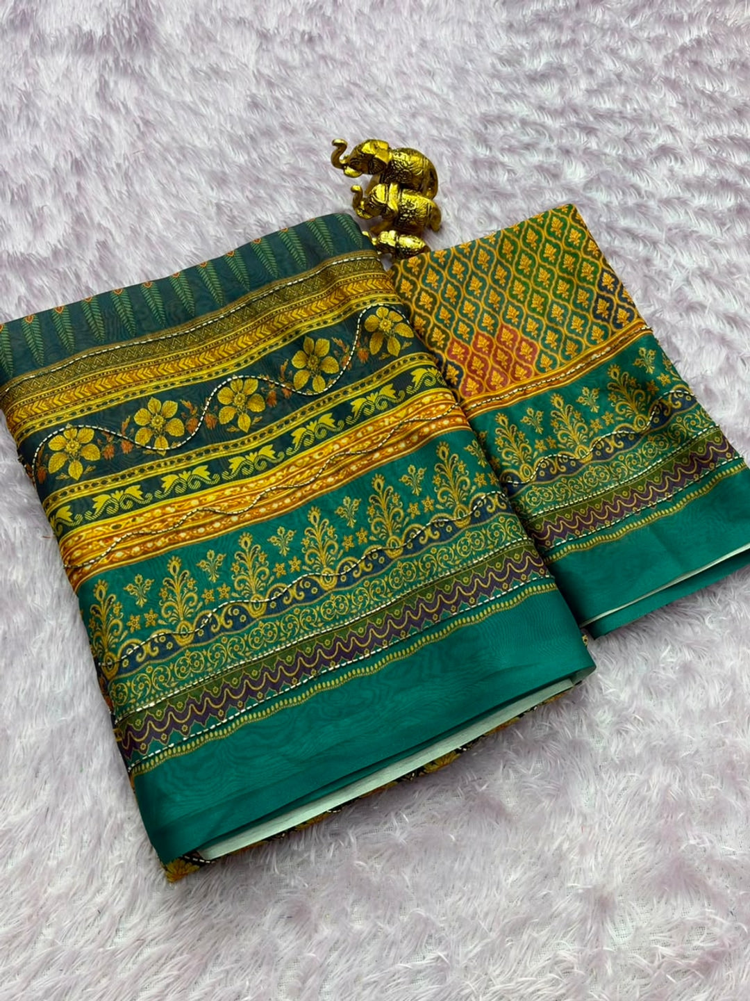 Peachmode Rama Green Rashmika Rangoli Silk Saree With Bead Work - Image 3