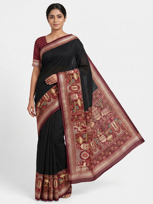 Traditional Print Mulmul Cotton Saree in Black with Elegant Zari Border - Image 1