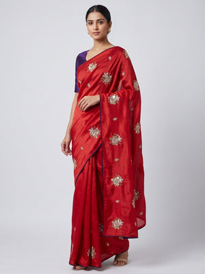 Party Wear Red Satin Silk Saree with Intricate Bead and Sequin Detailing - Image 1