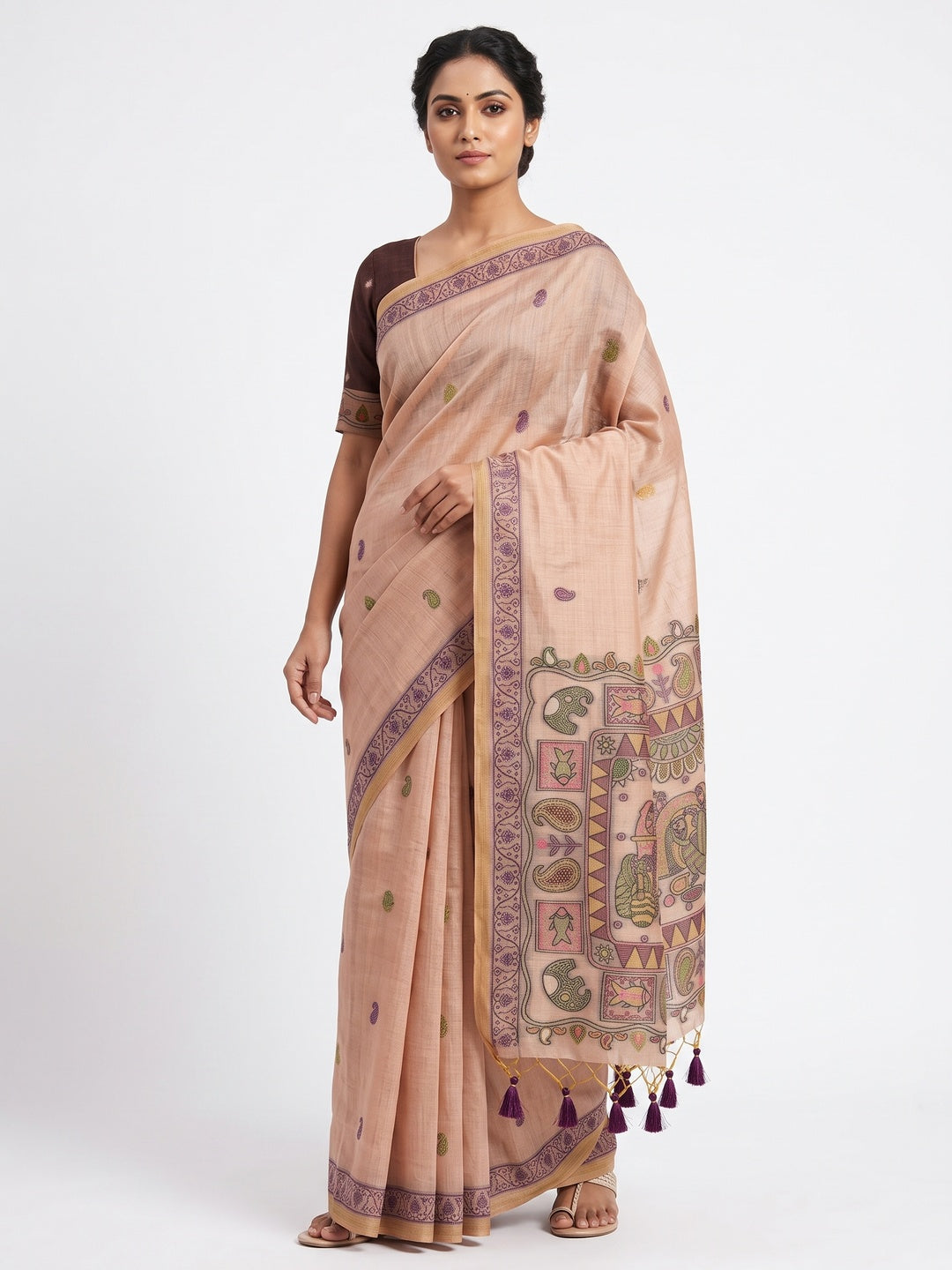 Peach Woven Muga Cotton Silk Saree In Kalamkari Motifs On Pallu - Image 1