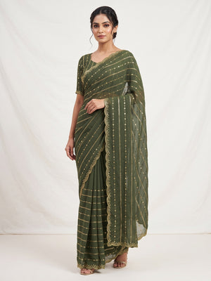 Timeless Green Striped Pattern Georgette Saree Accentuated With Elegant Sequins Embroidery Work - Image 1
