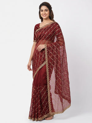 Maroon Partywear Organza Chiffon Silk Saree Highlighted with Fine Sequins Detailing - Image 1