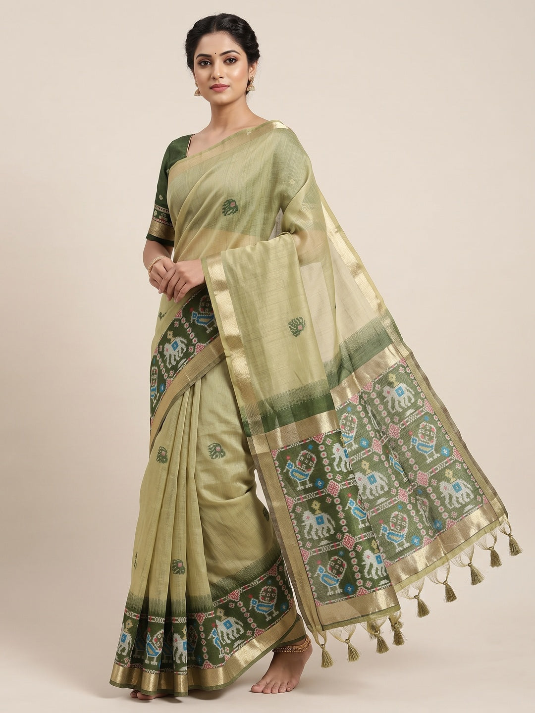 Green Muga Cotton Silk Saree with Traditional Patola Woven Pallu Design - Image 1