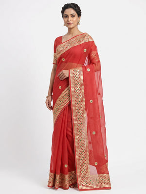 Red Ethnic Kota Doria Saree Designed with Beautiful Traditional Gota Embroidery - Image 1