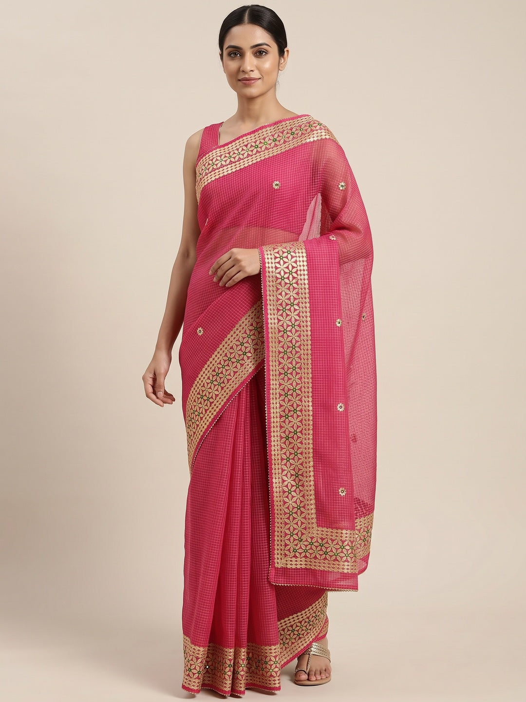 Pink Ethnic Kota Doria Saree Designed with Beautiful Traditional Gota Embroidery - Image 1
