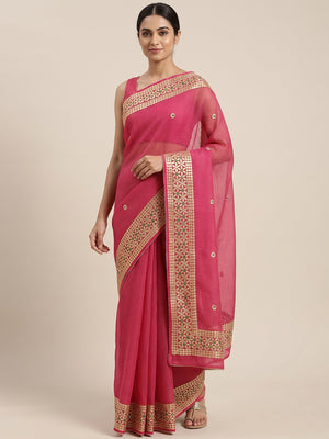 Pink Ethnic Kota Doria Saree Designed with Beautiful Traditional Gota Embroidery - Image 1