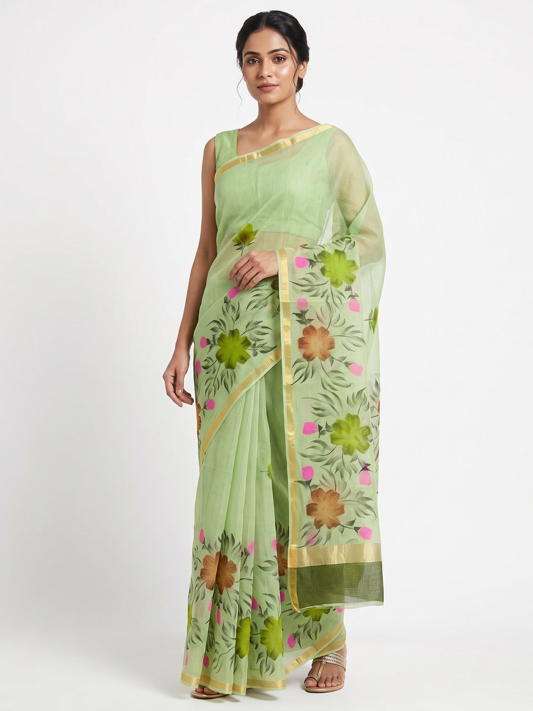 Green Floral Brush-Painted Kota Doria Saree with Elegant Artistic Detailing - Image 1