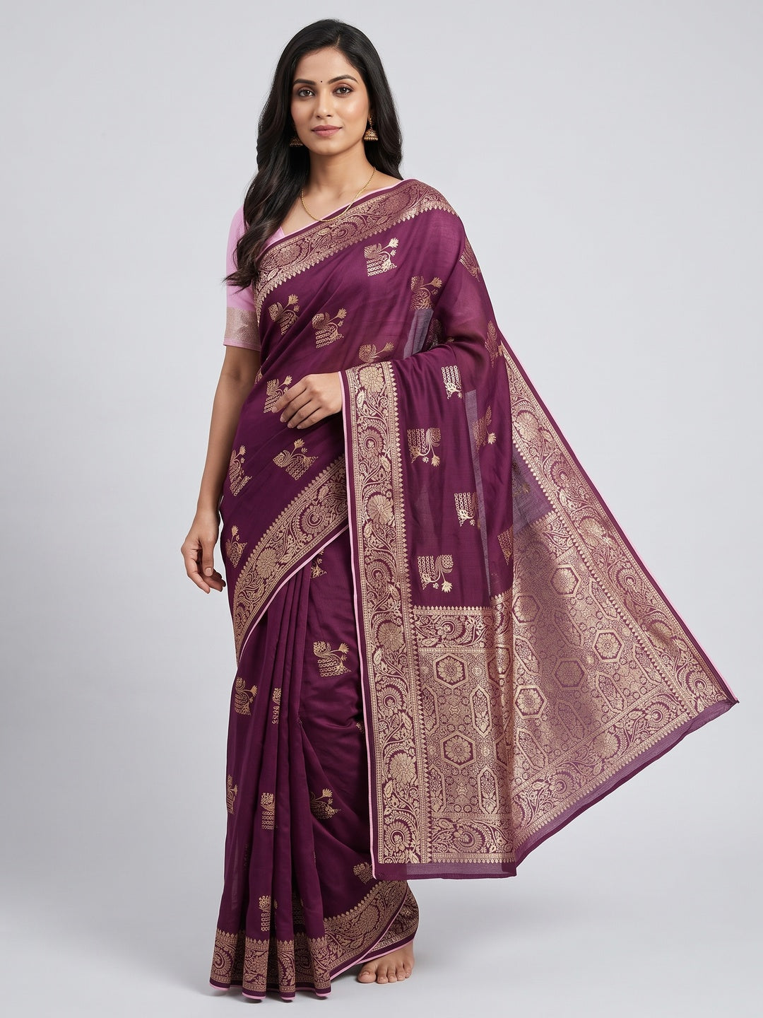 Purple Elegant Soft Muslin Saree with Fine Meenakari Zari Woven Motifs - Image 1