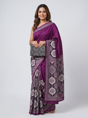 Purple Premium Crepe Silk Lightweight Saree Adorned with Classic Ajrakh Patterns - Image 1