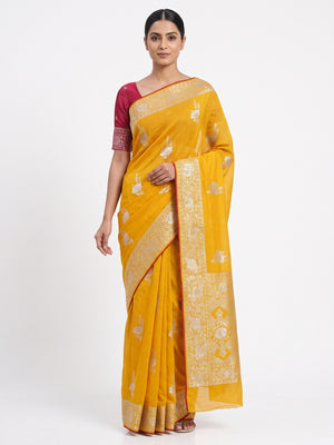 Yellow Traditional Muslin Soft Saree Featuring Luxurious Meenakari Zari Patterns - Image 1