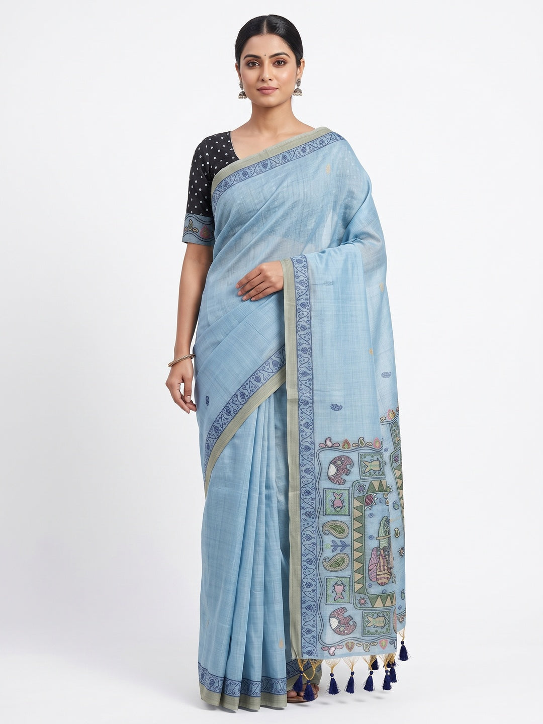 Blue Woven Muga Cotton Silk Saree In Kalamkari Motifs On Pallu - Image 1