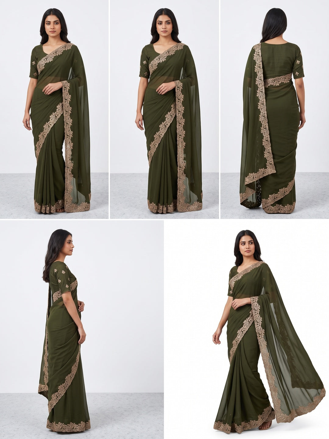 Stylish Mehendi Green Star Chiffon Saree with Traditional Zari Embellished Border - Image 2