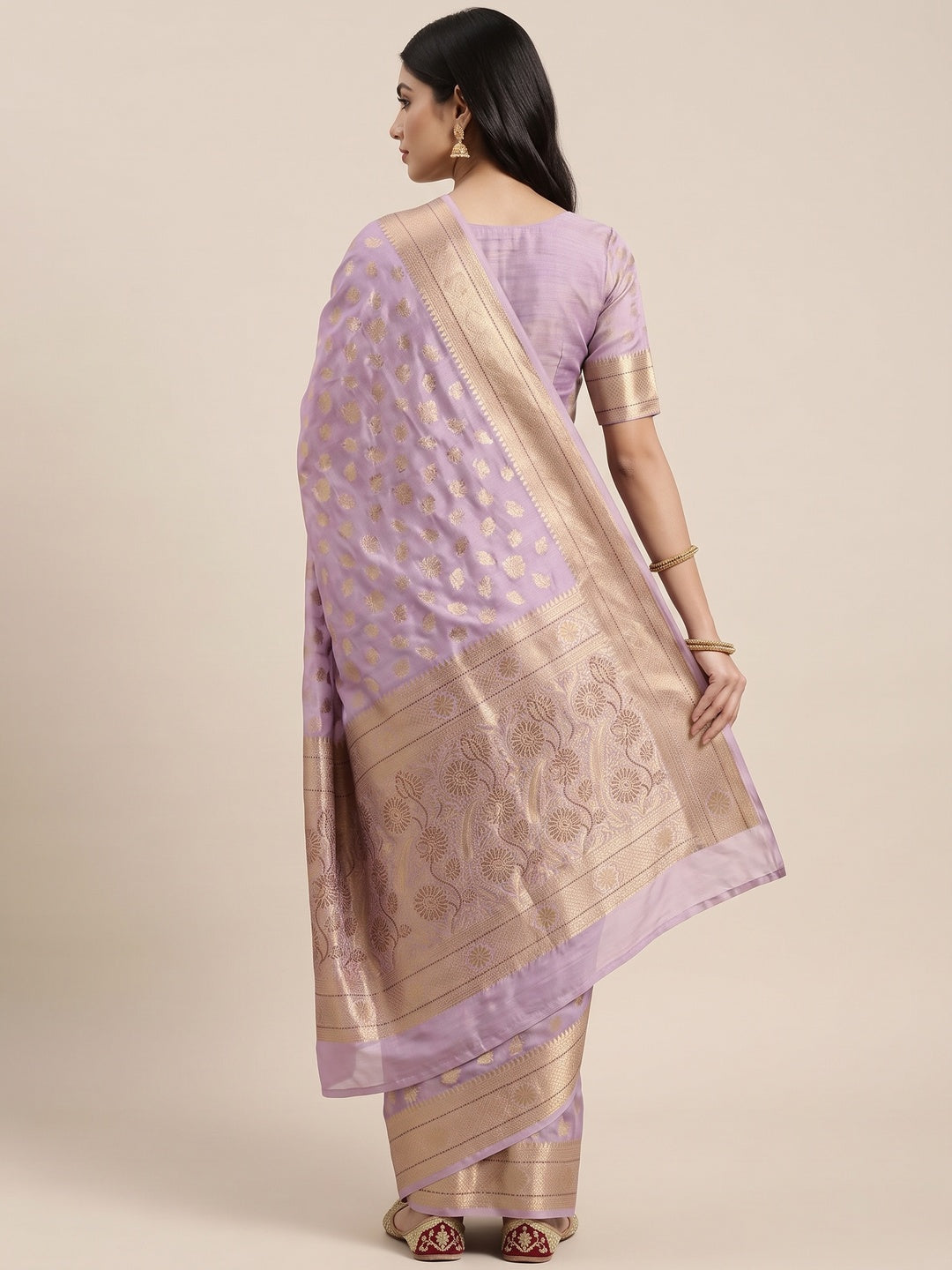 Radiant Lavender Tissue Banarasi Saree With Intricate Floral Zari Weaving & Stone Embellishments - Image 2