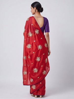 Party Wear Red Satin Silk Saree with Intricate Bead and Sequin Detailing - Image 2