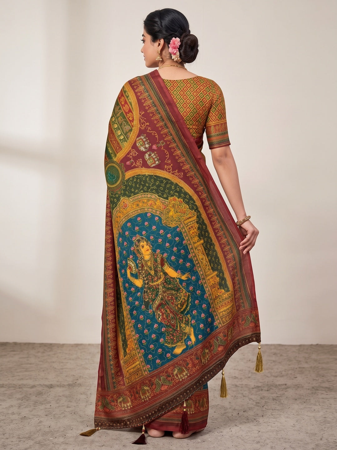 Peachmode Maroon Rashmika Rangoli Silk Saree With Bead Work - Image 4
