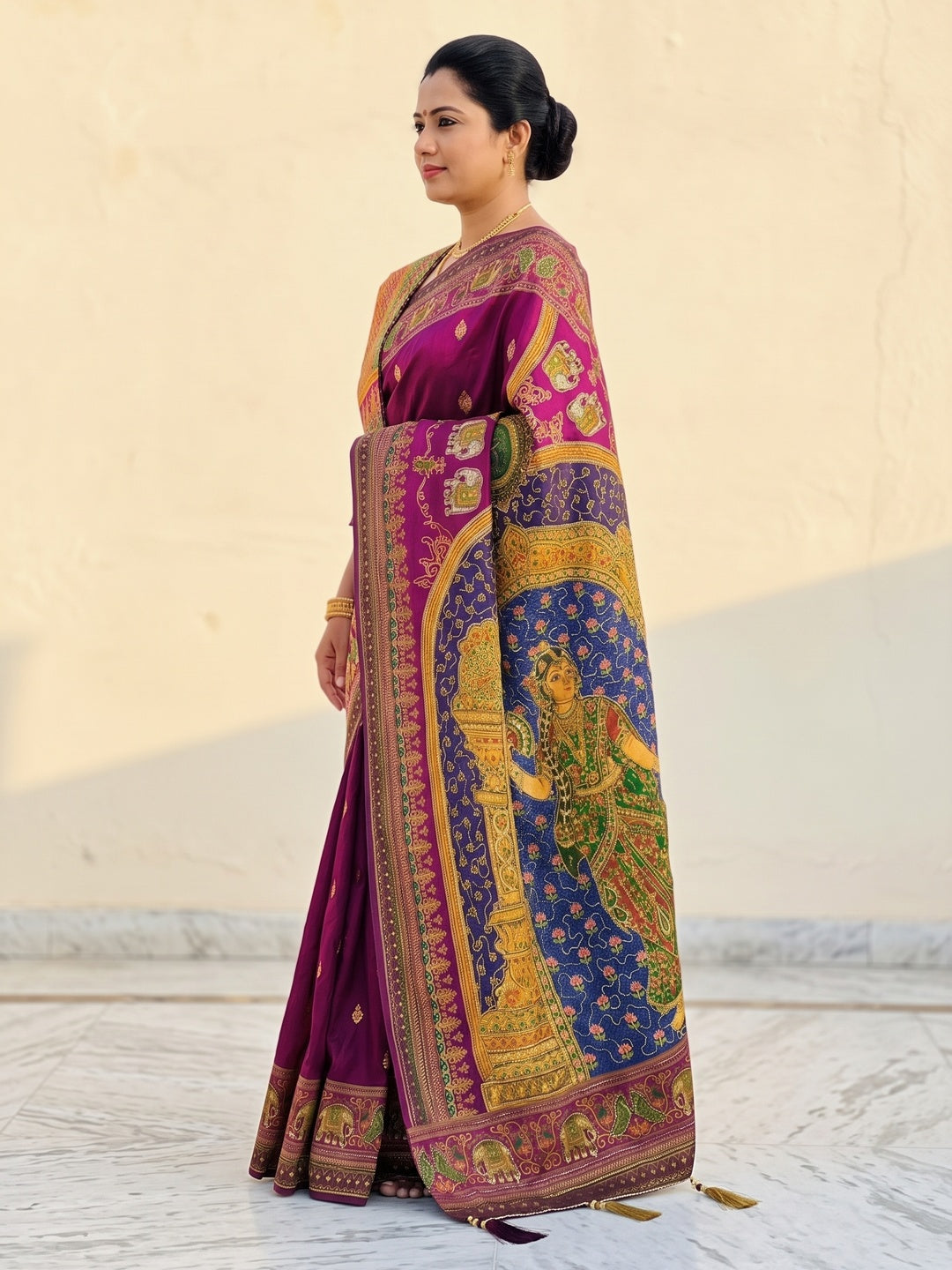 Peachmode Wine Rashmika Rangoli Silk Saree With Bead Work - Image 5