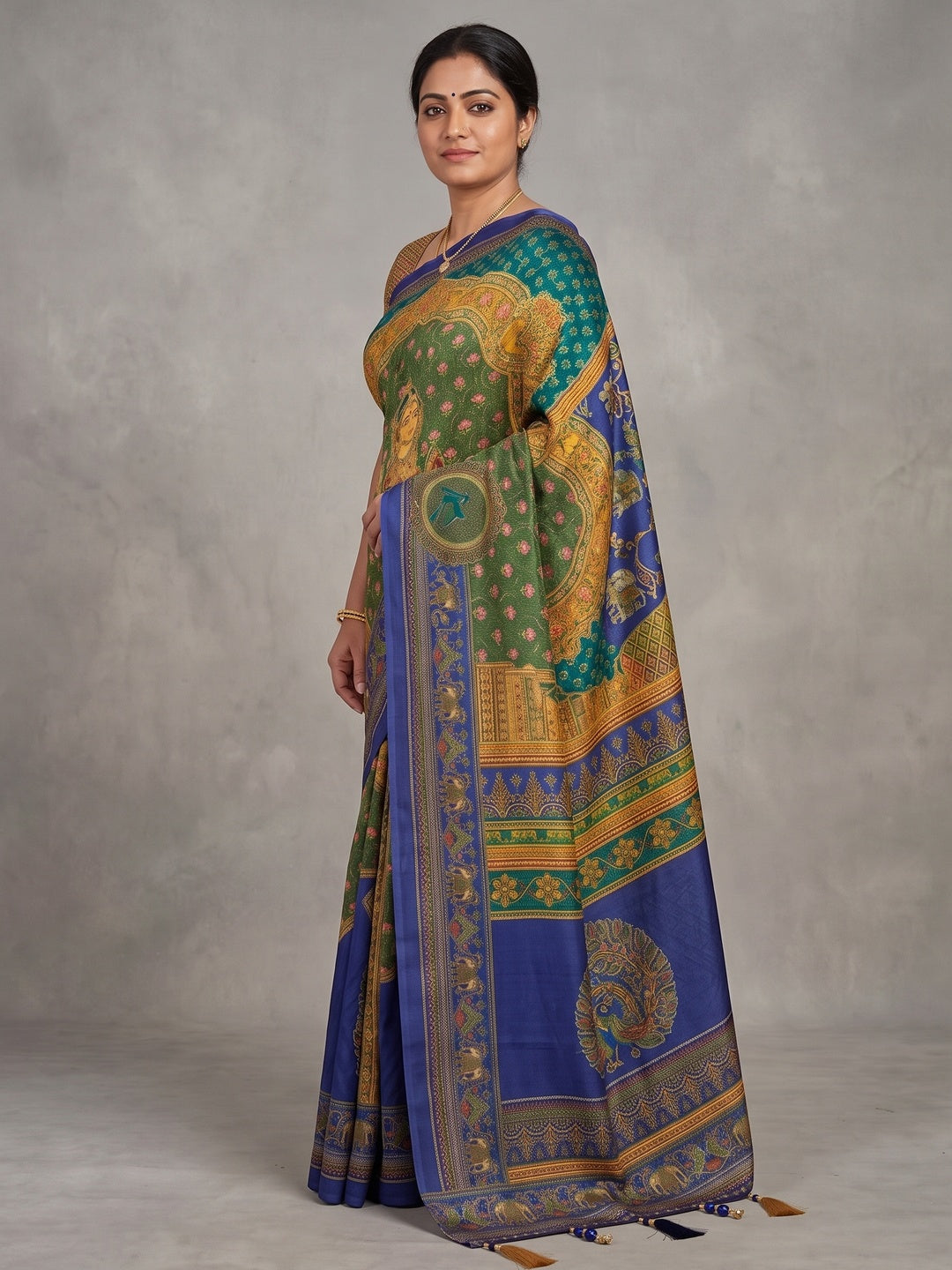 Peachmode Blue Rashmika Rangoli Silk Saree With Bead Work - Image 5