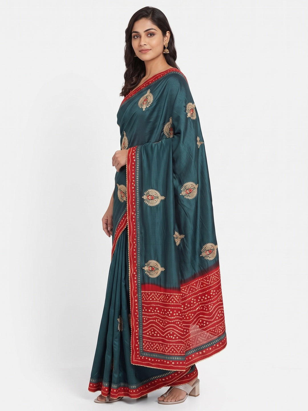 Teal Zari Embroidered Vichitra Silk Saree - Image 3