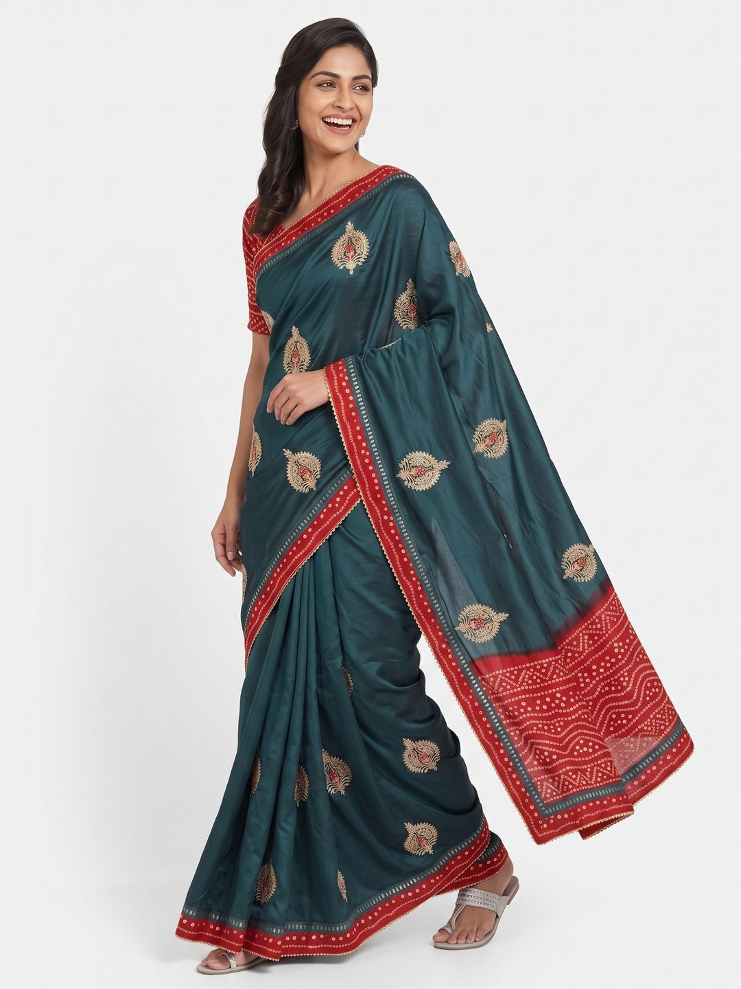 Teal Zari Embroidered Vichitra Silk Saree - Image 4