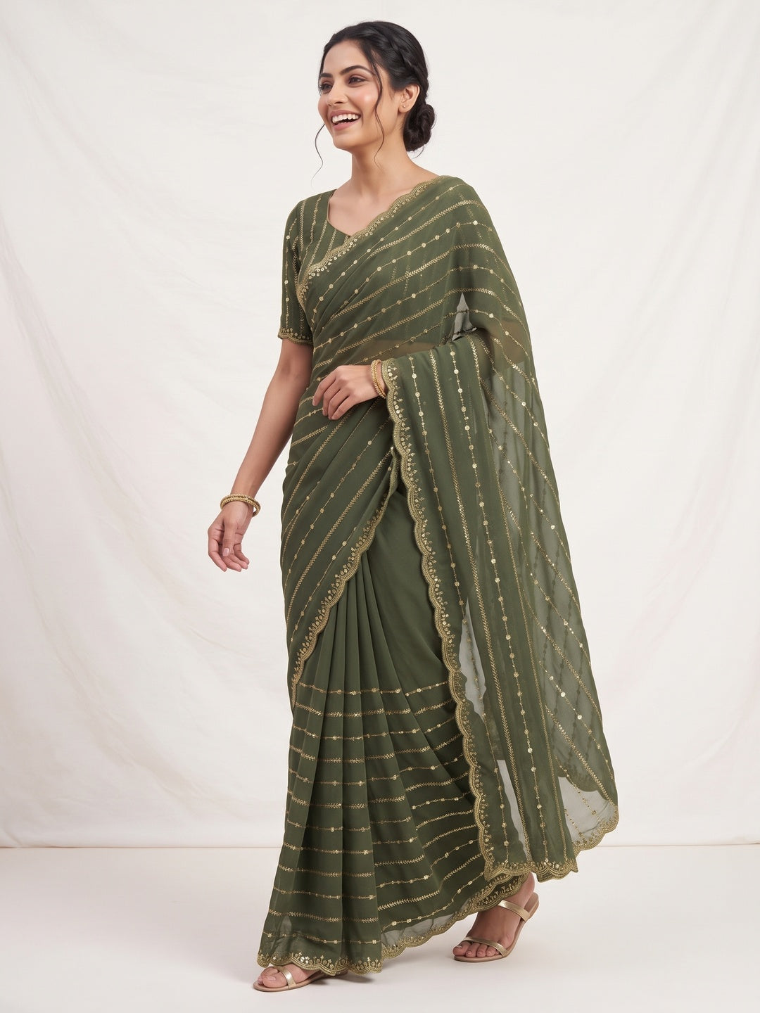 Timeless Green Striped Pattern Georgette Saree Accentuated With Elegant Sequins Embroidery Work - Image 4