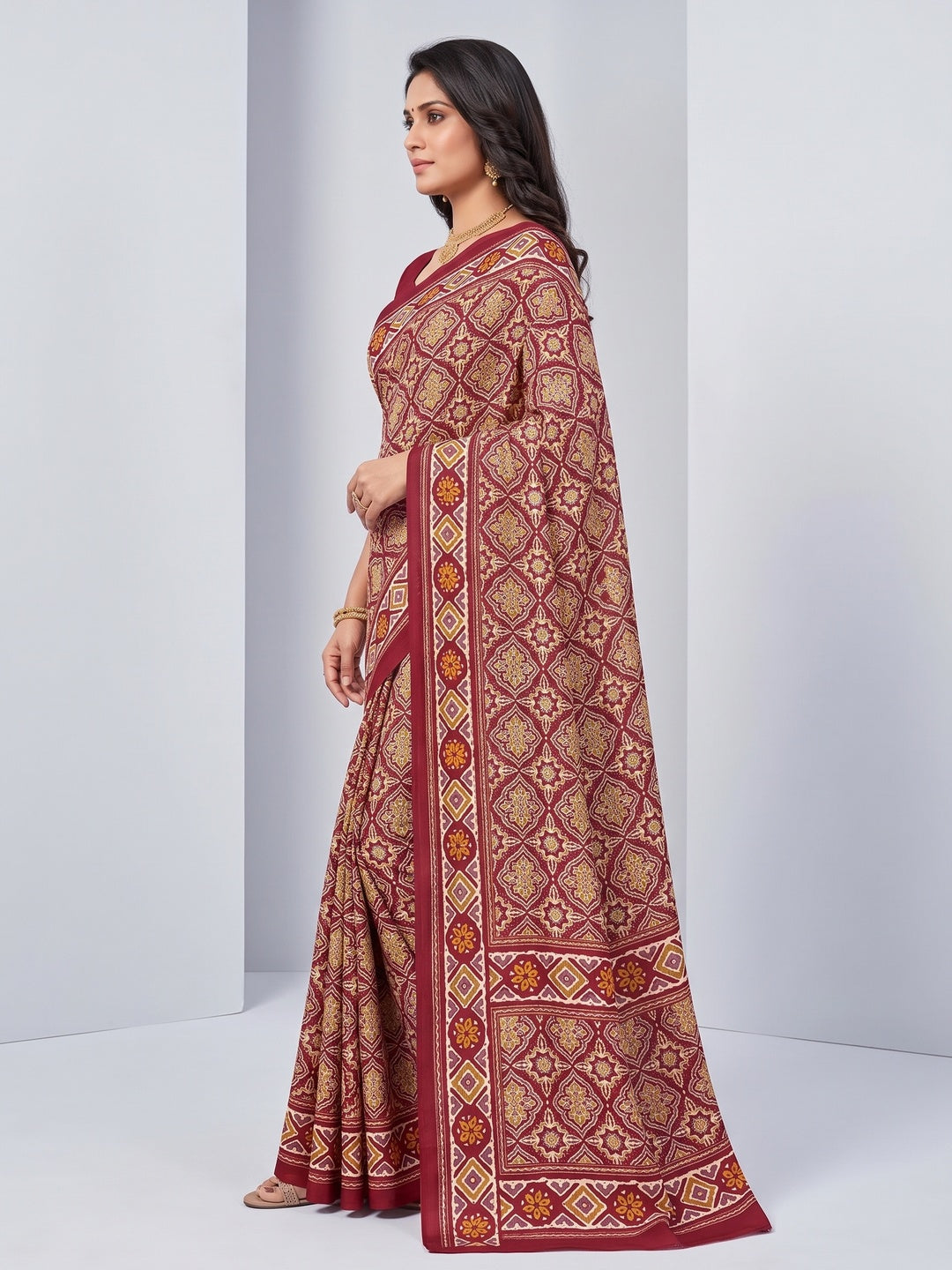 Charming Red Mill Printed Crepe Silk Saree Adorned With Vibrant Floral Design - Image 3