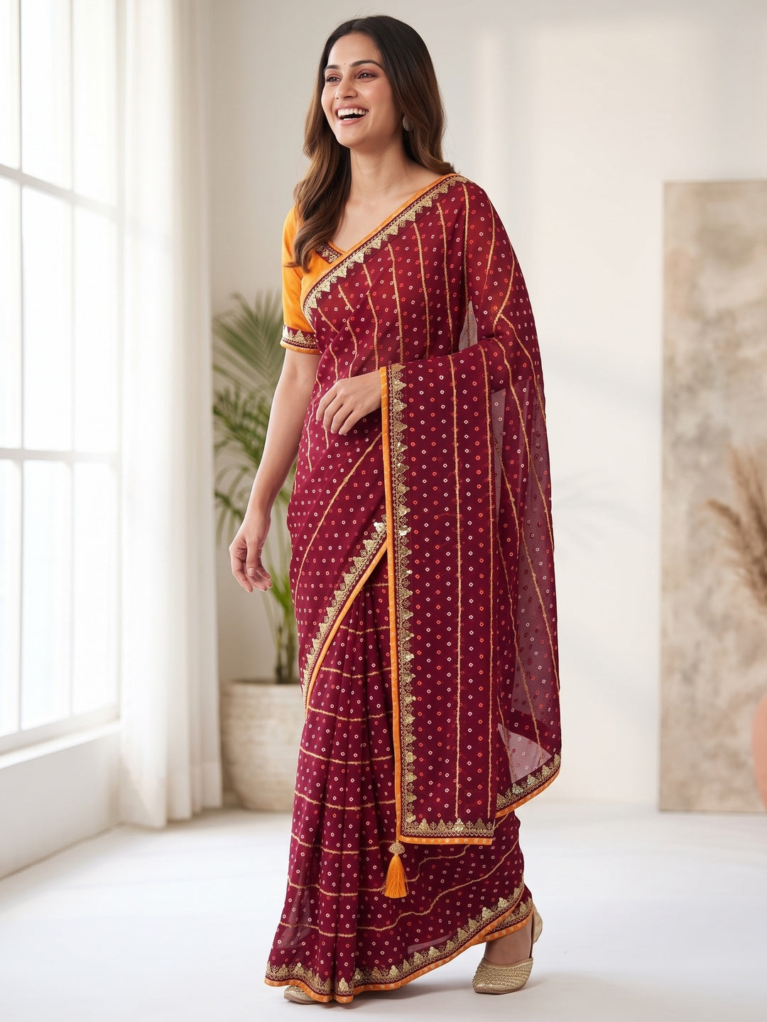 Charming Maroon Bandhani Printed Georgette Saree With Glittering Sequins & Zari Border - Image 4