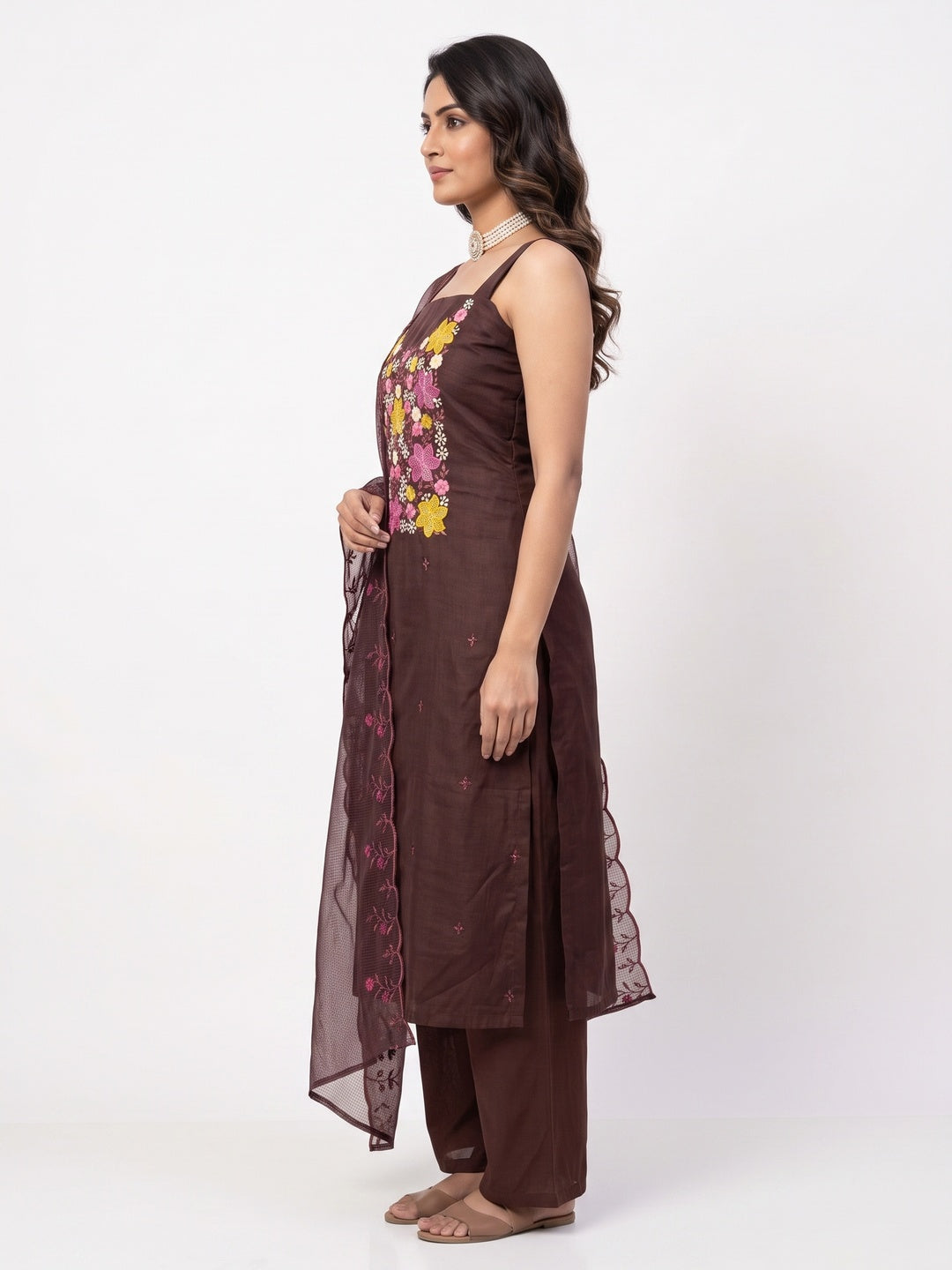 Brown Cotton Blend Unstitched Dress Fabric Featuring Delicate Floral Embroidery - Image 3