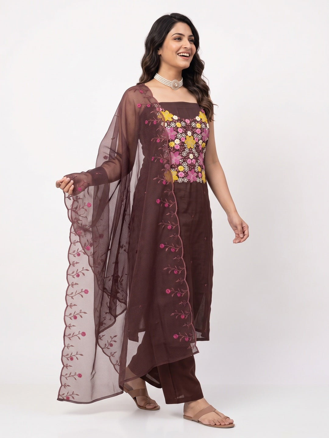 Brown Cotton Blend Unstitched Dress Fabric Featuring Delicate Floral Embroidery - Image 4