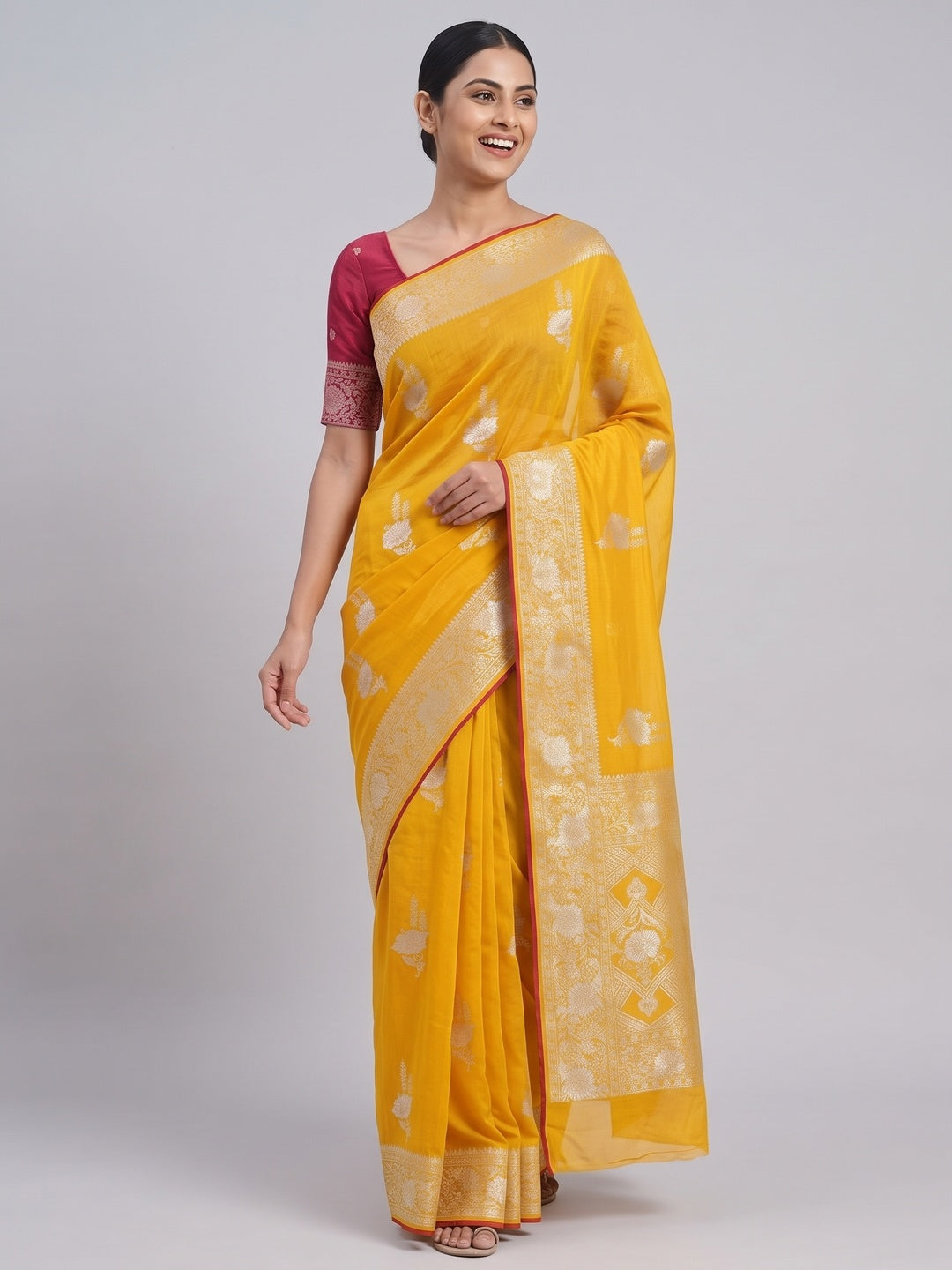 Yellow Traditional Muslin Soft Saree Featuring Luxurious Meenakari Zari Patterns - Image 4