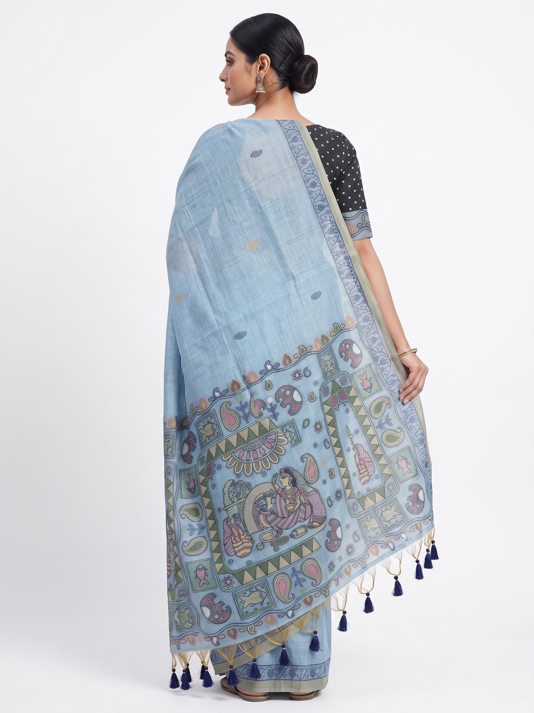 Blue Woven Muga Cotton Silk Saree In Kalamkari Motifs On Pallu - Image 2