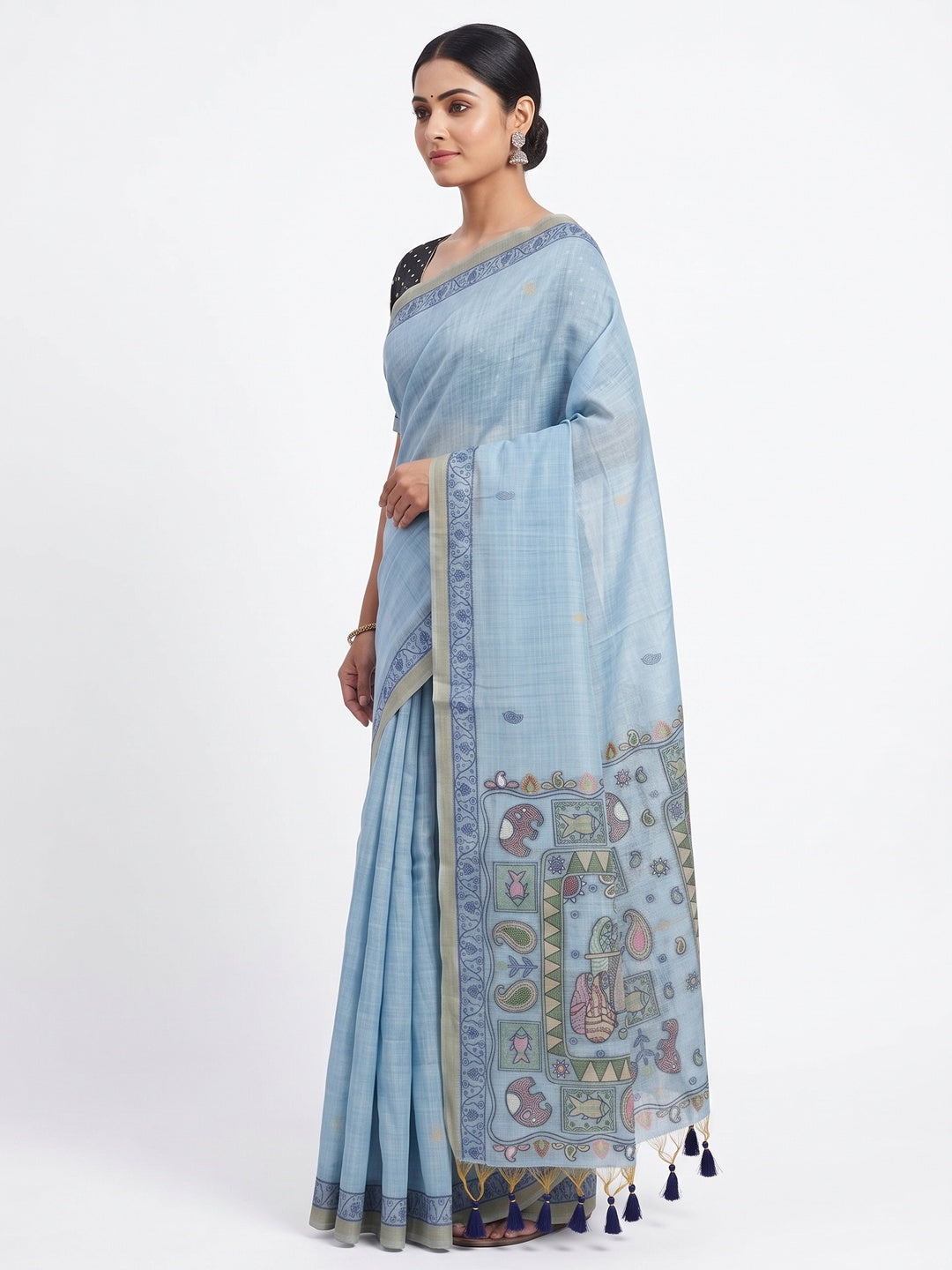 Blue Woven Muga Cotton Silk Saree In Kalamkari Motifs On Pallu - Image 3