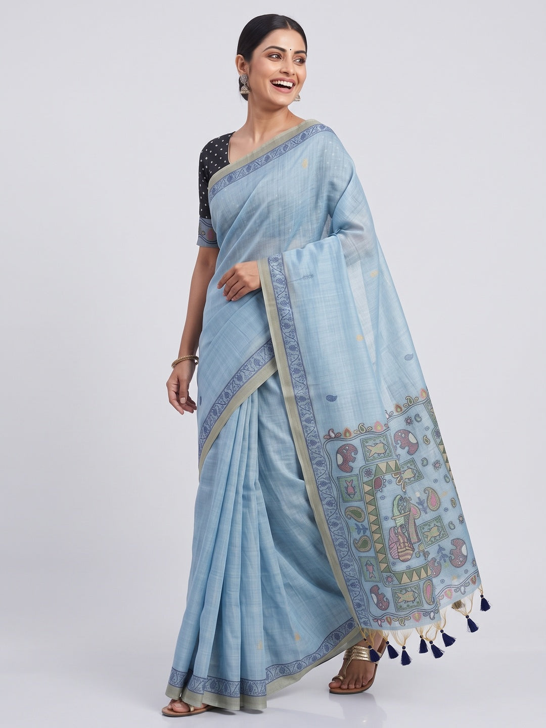 Blue Woven Muga Cotton Silk Saree In Kalamkari Motifs On Pallu - Image 4