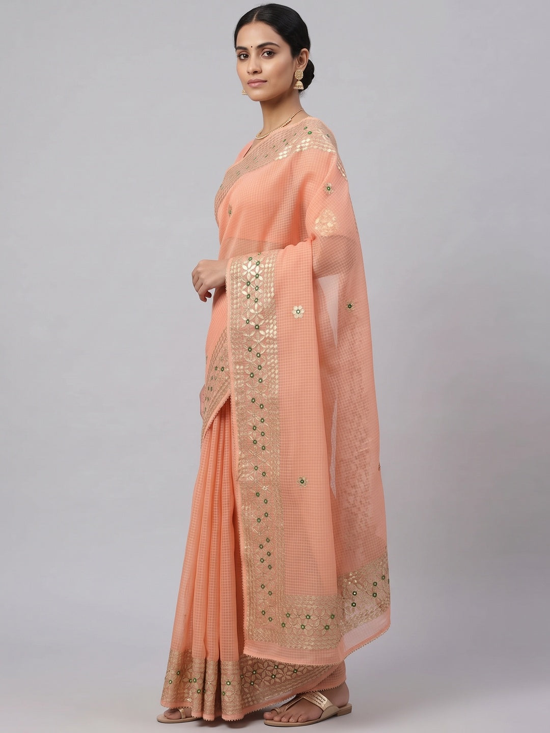 Peach Ethnic Kota Doria Saree Designed with Beautiful Traditional Gota Embroidery - Image 3
