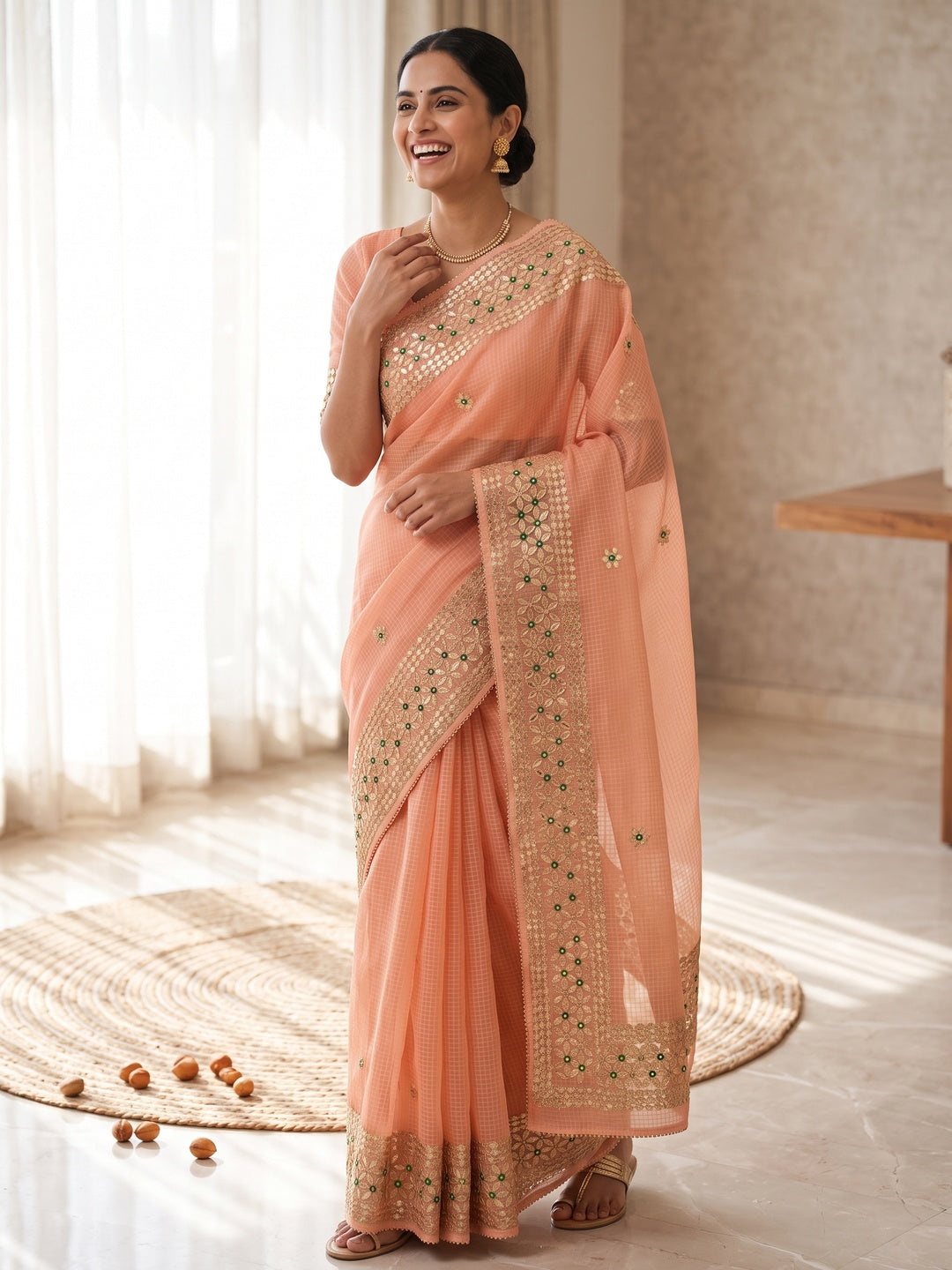 Peach Ethnic Kota Doria Saree Designed with Beautiful Traditional Gota Embroidery - Image 4