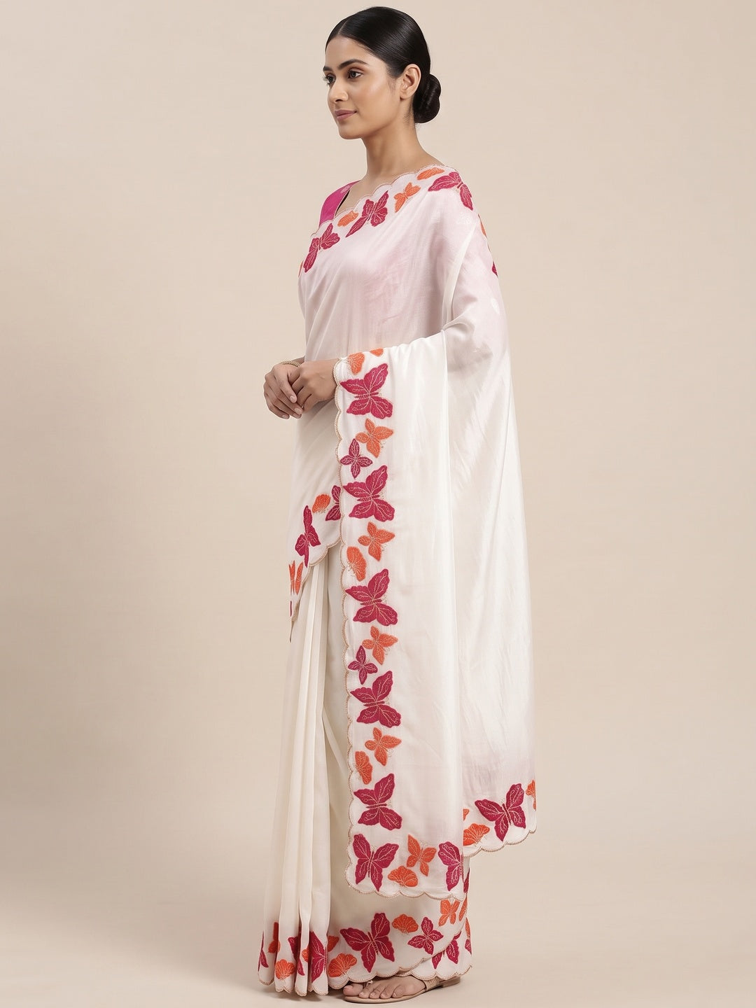Off White Pure Vichitra Silk Saree with Graceful Butterfly Inspired Embroidery Detailing - Image 3