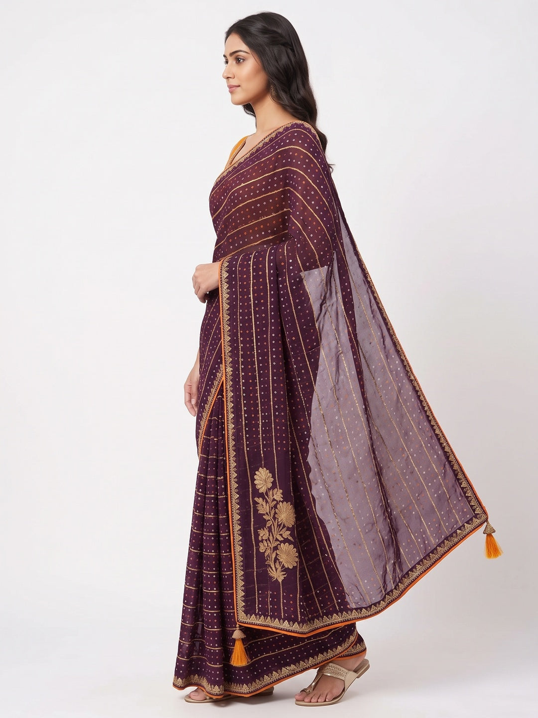 Charming Wine Bandhani Printed Georgette Saree With Glittering Sequins & Zari Border - Image 3